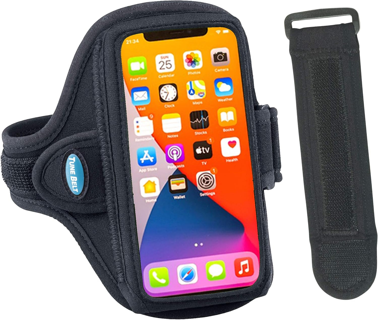 Tune Belt AB91 black running armband holding iPhone 16 on female jogger's arm