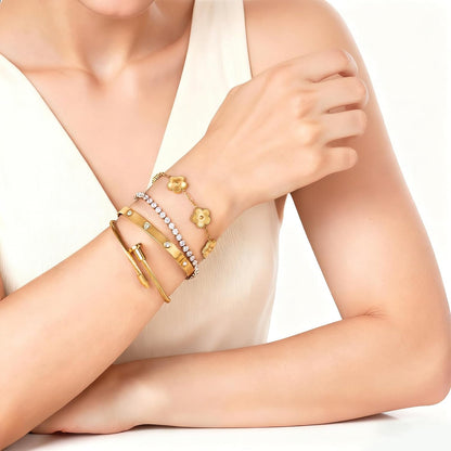 4PCS Women'S Stackable Floral Bracelets Set, 18K Gold Plated Clover & Tennis & Nail & Love Bangle Bracelets,Adjustable Trendy Jewelry, Gifts for Mother'S Day, Birthday Gifts for Girlfriend