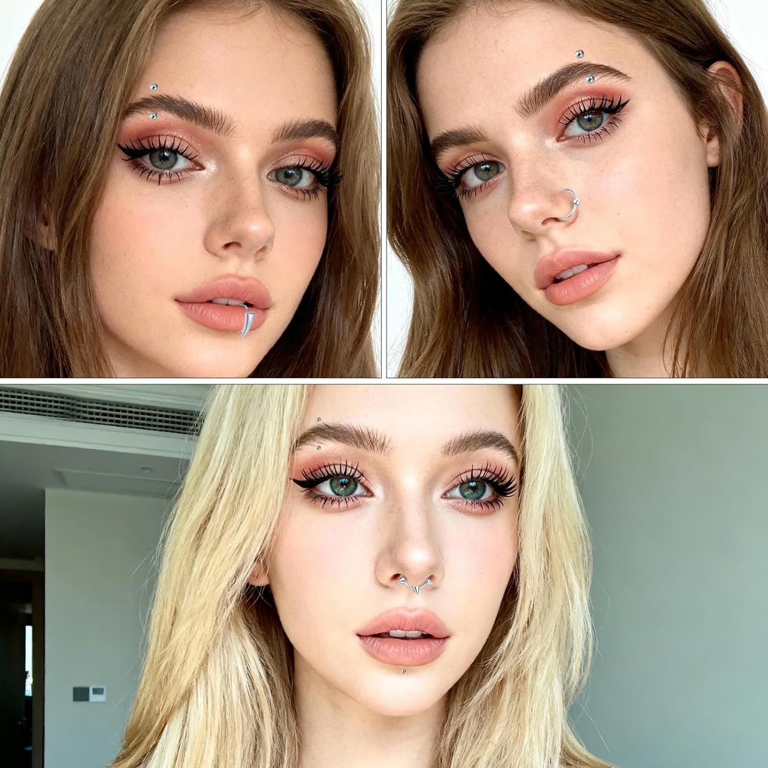 12 Pcs Wolf Teeth Ring Vampire Teeth Ring Stainless Steel Fake Lip Rings Non-Piercing Fake Ear Cuff Lip Cuff Septum Nose Rings for Halloween Accessories (Silver)