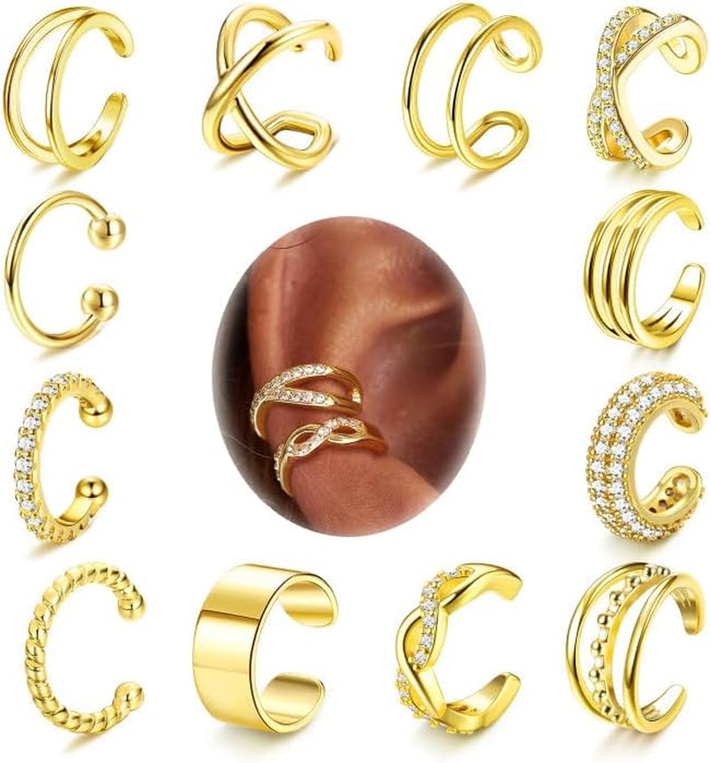 FUNRUN JEWELRY 12Pcs Ear Cuff Earrings for Women Non Piercing 14K Gold Plated Ear Cuffs Non Pierced Clip on Cartilage Earring Adjustable Fake Earrings