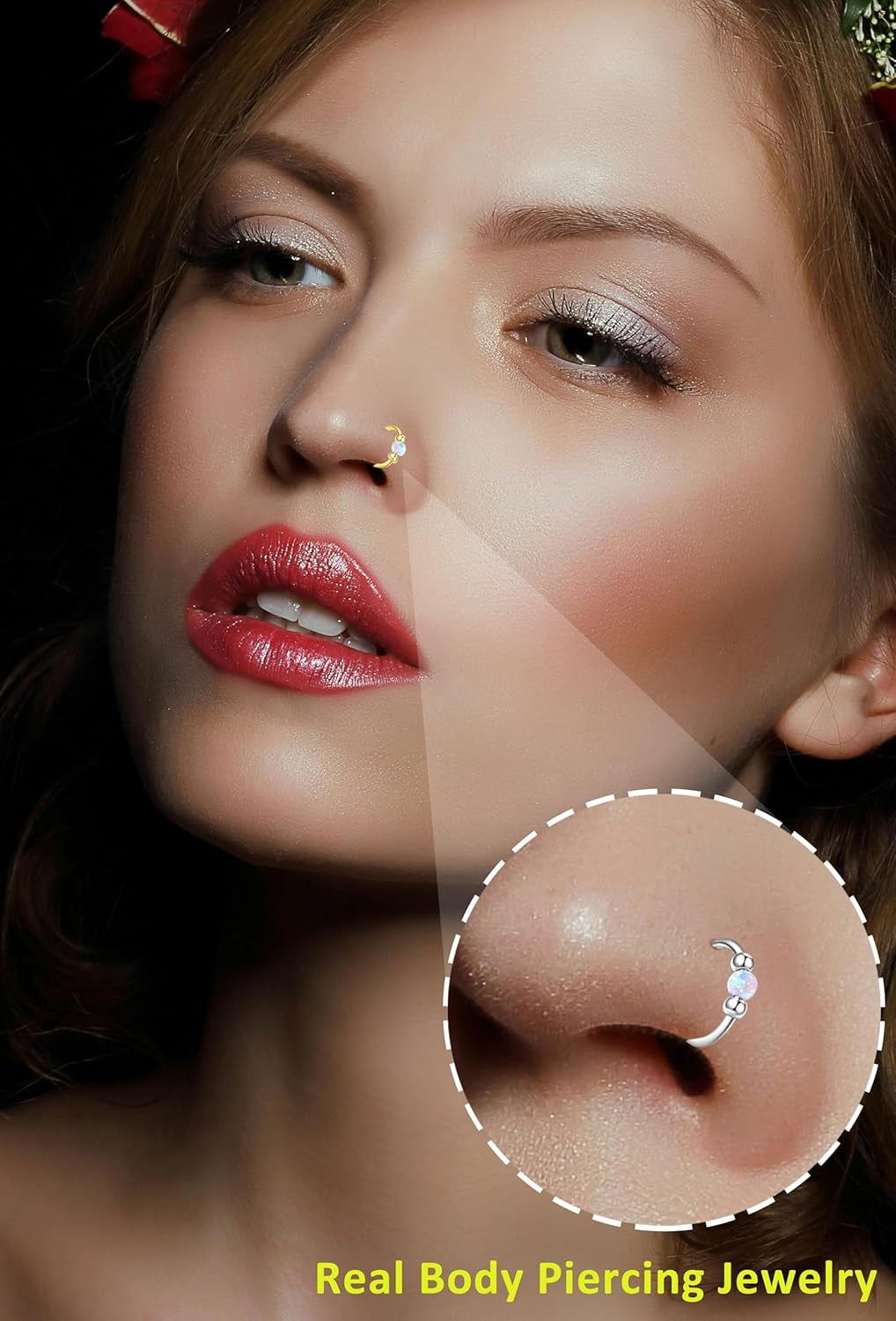 Opal Nose Ring Studs Horseshoe Nose Rings Hoops Stud 316L Stainless Steel Nose Rings round CZ Square Screw L Shaped Nose Stud Hypoallergenic Nostril Piercing Jewelry for Women Men