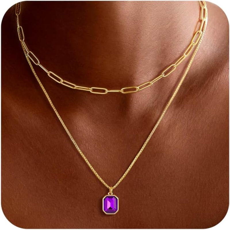 Christmas Gifts for Women Teen Girls - Birthstone Necklace for Women Girls Dainty Layered Gold Necklace for Women with 12 Month Rectangle Birthstone Pendant Paperclip Box Chain Choker Necklace