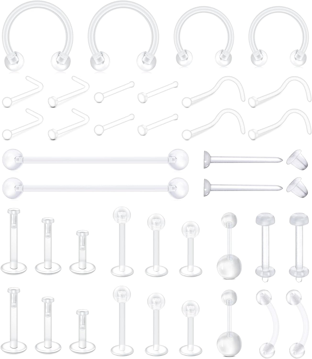Mayhoop 38Pcs Clear Piercing Retainers for Surgery Bioflex Nose Rings Belly Rings Septum Eyebrow Lip Cartilage Tragus Earring Retainer Industrial Bar Plastic Piercing Jewelry for Work