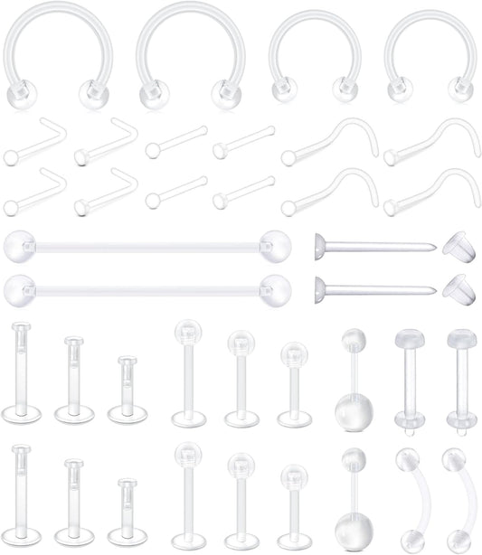 Mayhoop 38Pcs Clear Piercing Retainers for Surgery Bioflex Nose Rings Belly Rings Septum Eyebrow Lip Cartilage Tragus Earring Retainer Industrial Bar Plastic Piercing Jewelry for Work