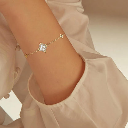 FEEL STYLE Clover Bracelet for Women - 14K Gold/Silver Plated Charm Bracelet with Mother of Pearl & Cubic Zirconia - Lucky Four Leaf Jewelry Gift Adjustable 6.5"+2" Extender