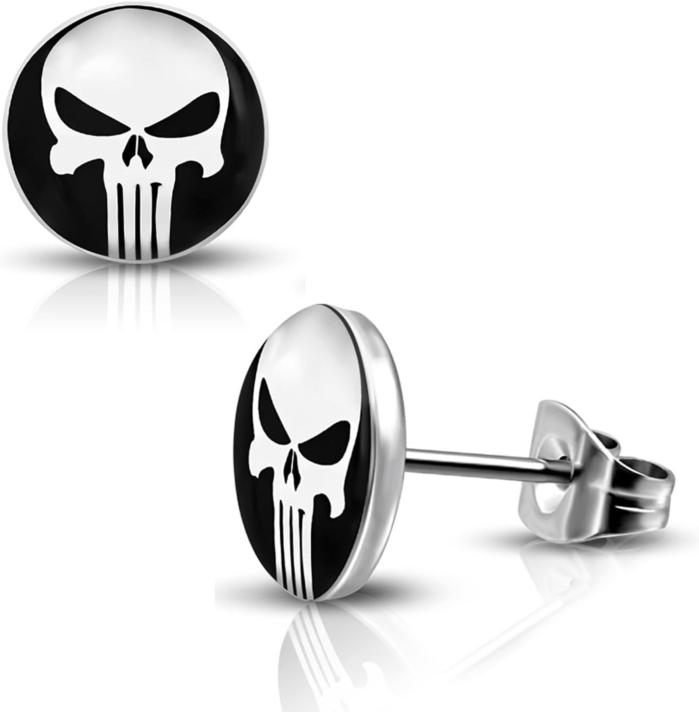 Stainless Steel Punisher Skull round Circle Button Stud Post Earrings