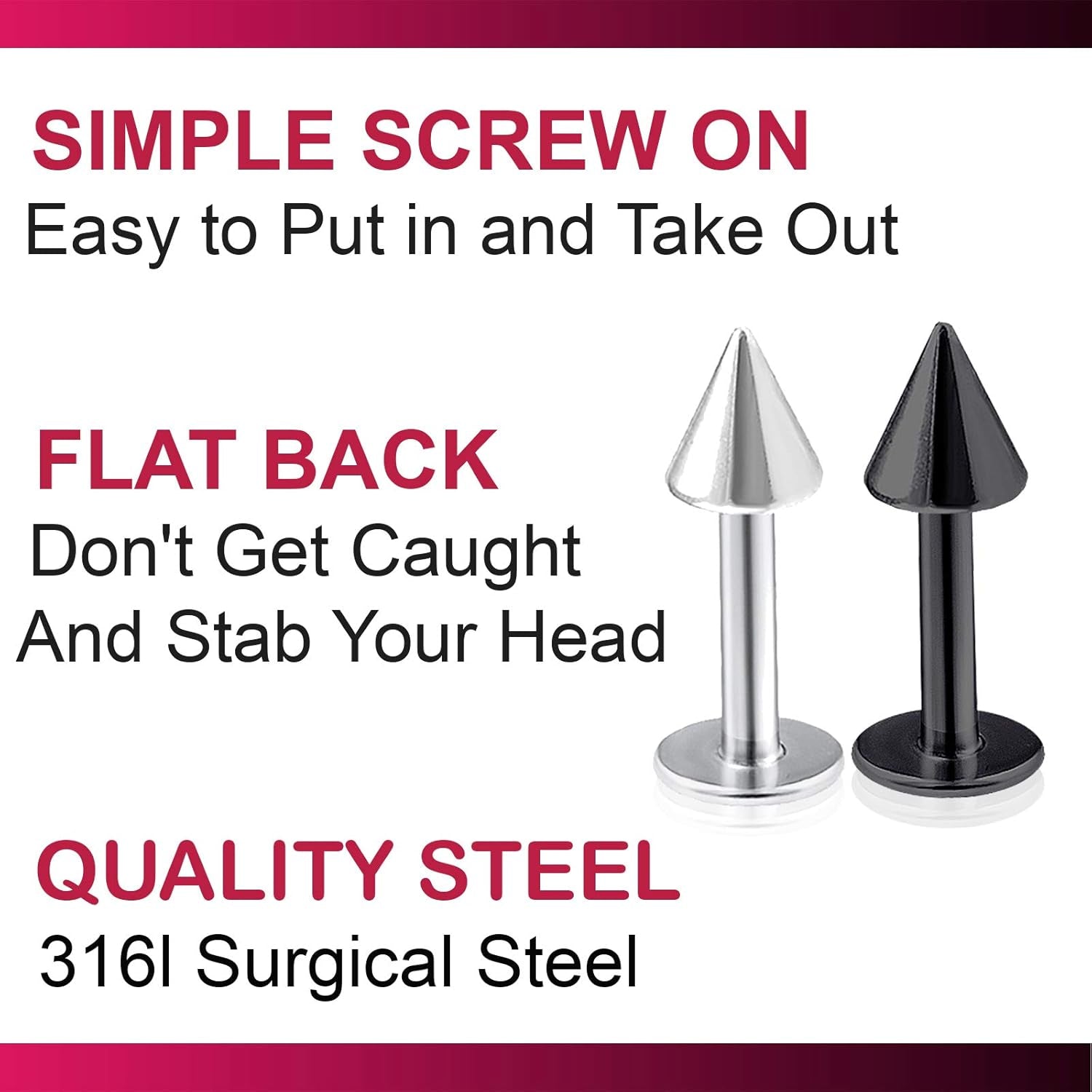 Bodyjewelrytrend 4Pcs 16G Labret Stud Lip Ring Cartilage Tragus Snakebite Monroe Triple Forward Helix Conch Medusa Lobe Black Spike Pick Size