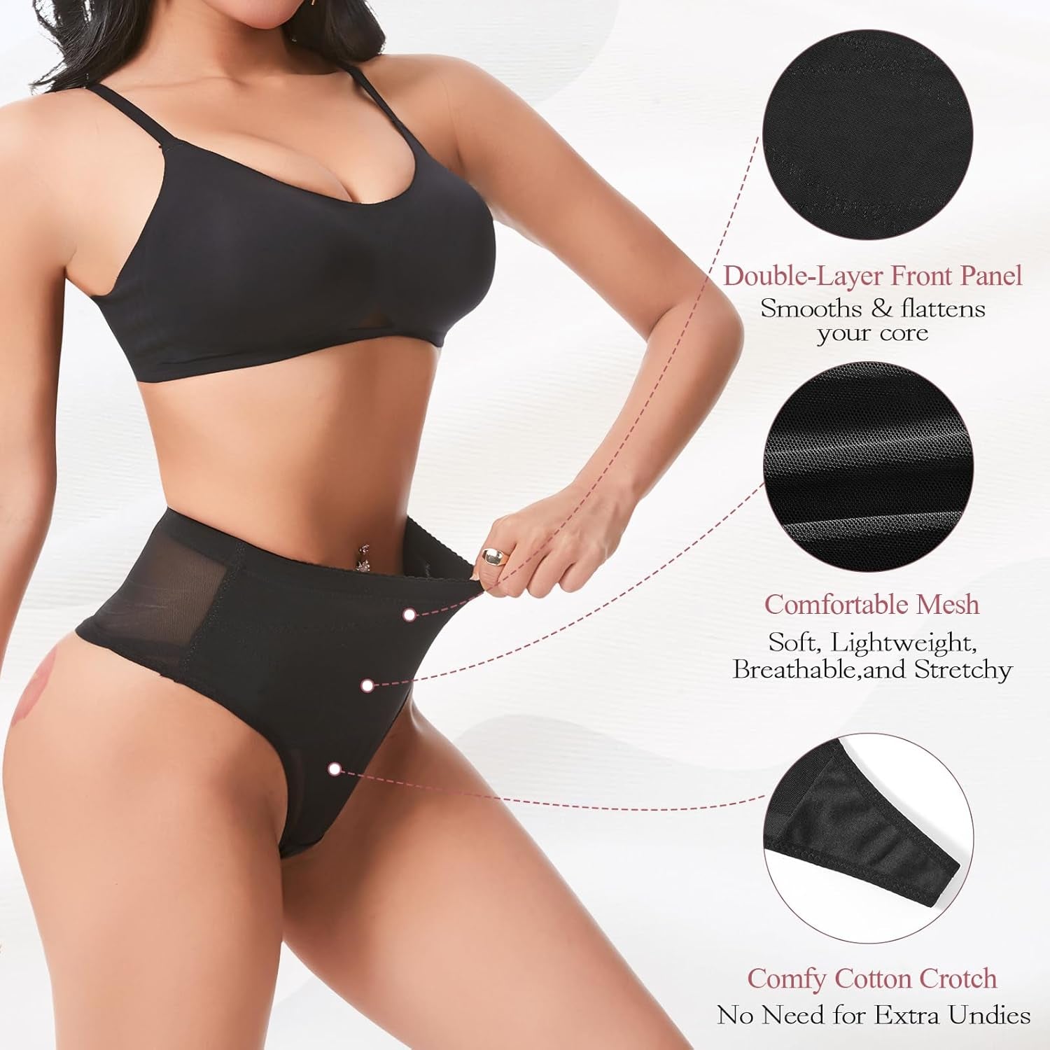 Low rise shapewear thong from side angle displaying smooth body shaping