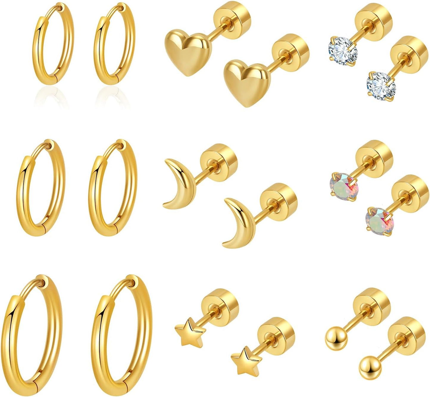 SHOWNICE Surgical Stainless Steel Flat Back Earrings for Women, Hypoallergenic Sleeping Stud Multiple Piercing Earrings Tiny Screw Back Cartilage Earring Sets