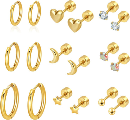 SHOWNICE Surgical Stainless Steel Flat Back Earrings for Women, Hypoallergenic Sleeping Stud Multiple Piercing Earrings Tiny Screw Back Cartilage Earring Sets