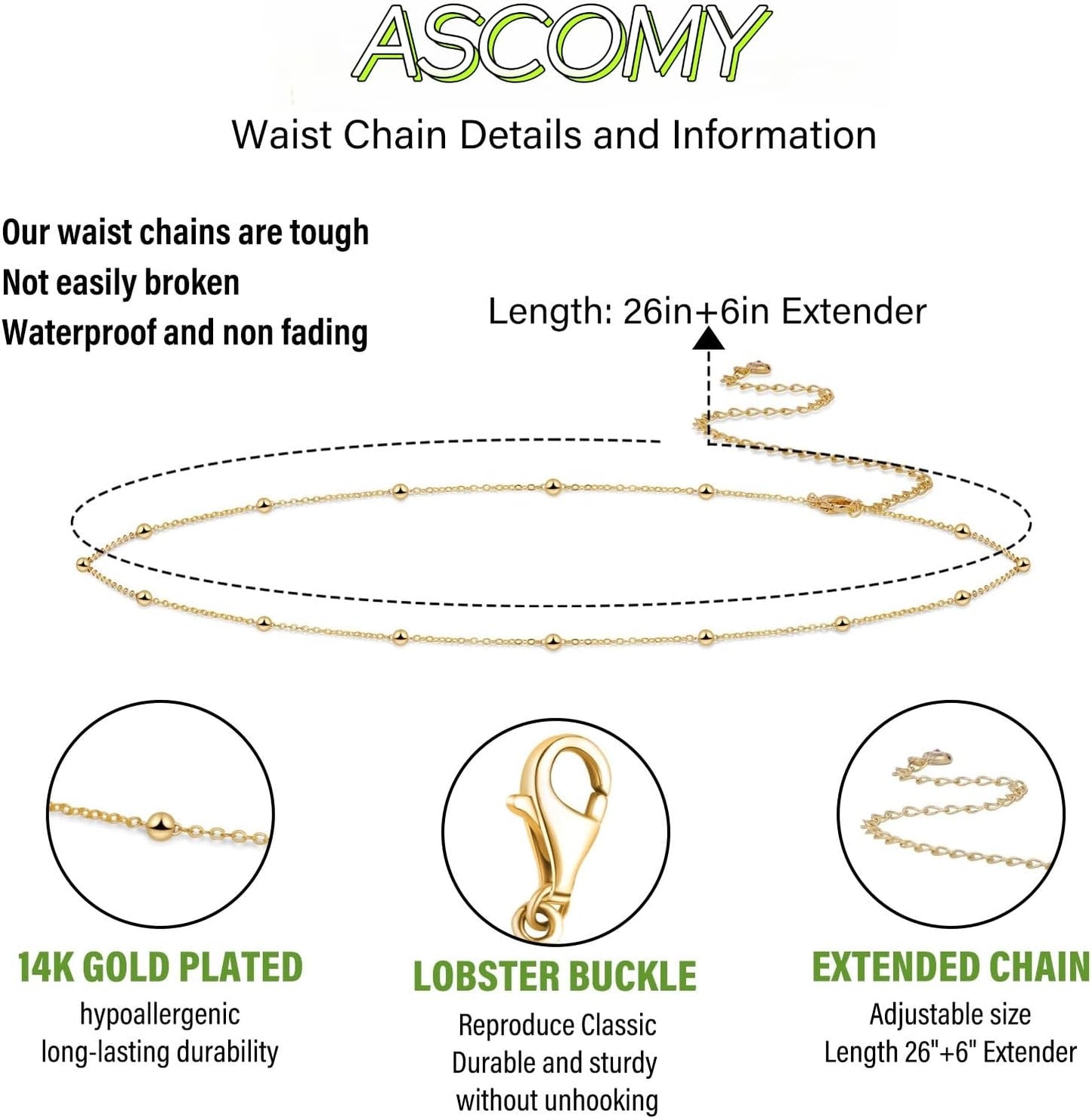 ASCOMY Waist Chains for Women 14K Gold Plated 2Pcs Body Chains Layered Cuban Pearl Satellite Beads Rope Coin Heart Pendant Belly Belt Body Chains Adjustable Bikini Body Jewelry for Women