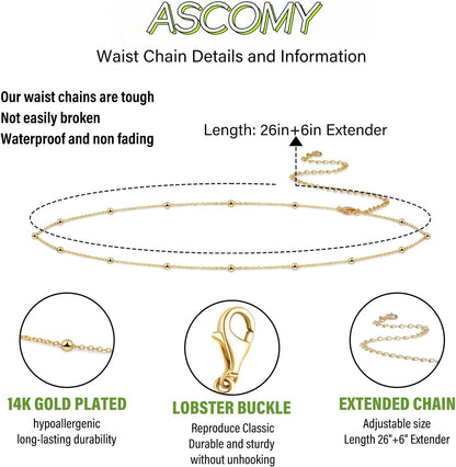 ASCOMY Waist Chains for Women 14K Gold Plated 2Pcs Body Chains Layered Cuban Pearl Satellite Beads Rope Coin Heart Pendant Belly Belt Body Chains Adjustable Bikini Body Jewelry for Women