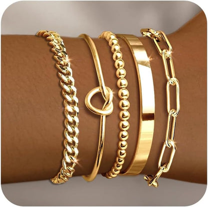 18K gold plated bracelet cuff set with beaded paperclip and Cuban link