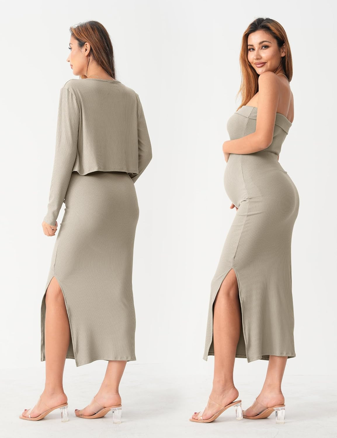 SUNNYBUY Baby Shower Maternity Tube Dress Short Cardigan Bodycon Ribbed Maxi Dress Casual 2 Piece Pregnancy Outfit Set