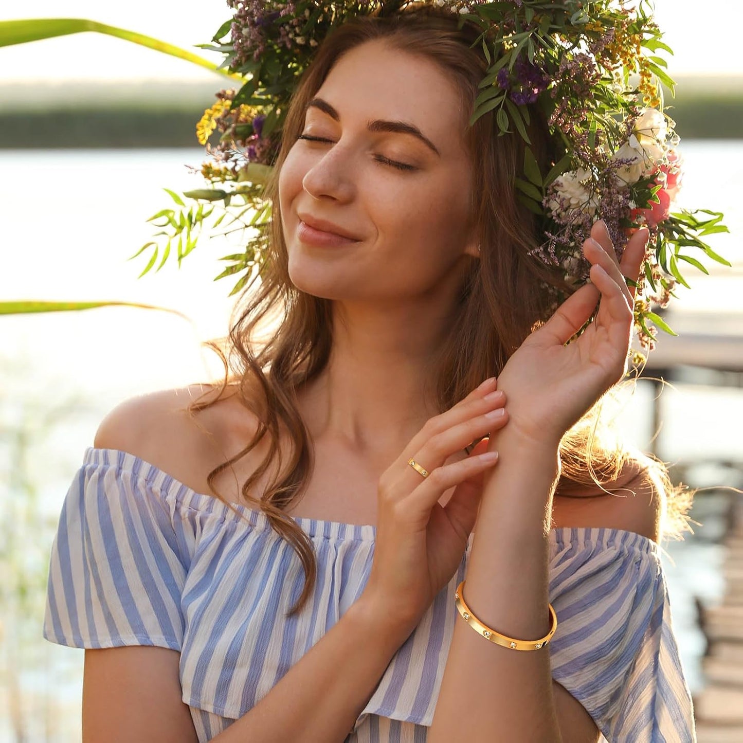 MPRAINBOW Gold Rings Bracelets for Women, 18K Gold Plated Friendship Bracelet Cubic Zirconia Bangle with Ring Jewelry Set,Wedding Party Birthday Gifts for Her Girlfriend