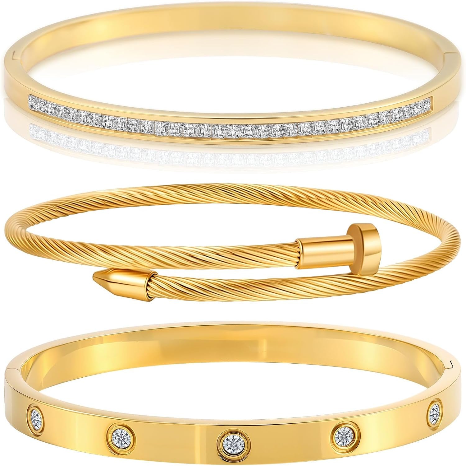 Gold Bracelets for Women - Stackable Bangles with Love & Friendship Theme - Stainless Steel Jewelry Gift for Her