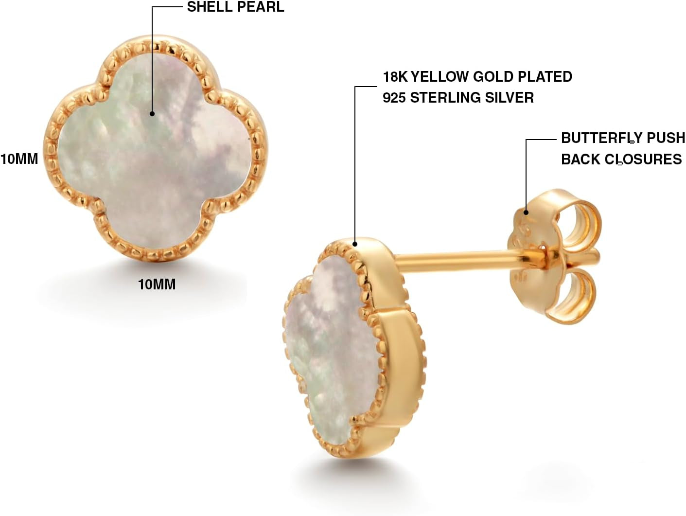 925 Sterling Silver 18K Gold Plated Clover Stud Earrings for Women with Mother of Pearl, 925 Sterling Silver Dainty Lucky Clover Jewelry Gift