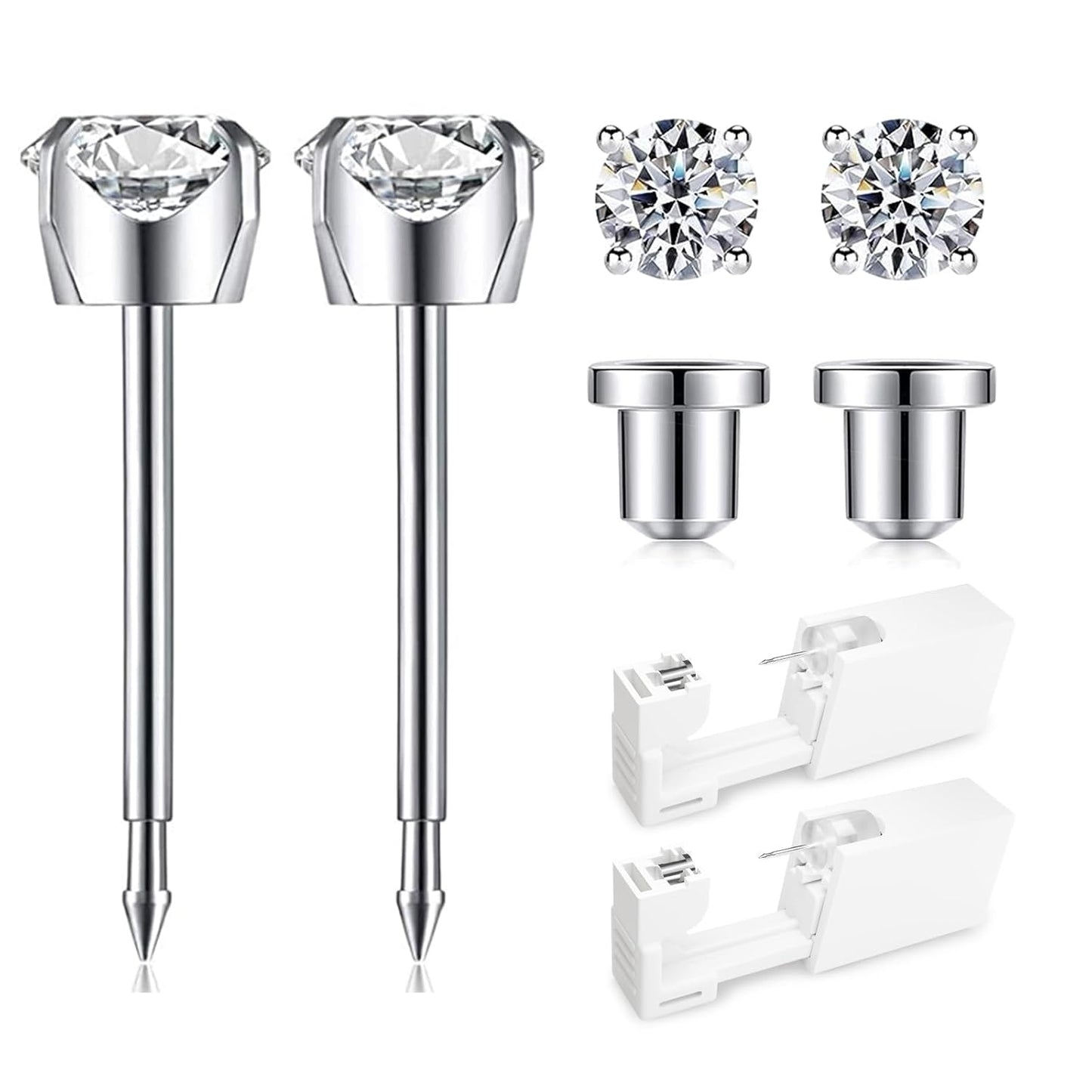 Ear Piercing Kit | Disposable Ear Piercing Gun Kit Made in 316L Surgical Stainless Steel 4Mm - 4Prong Cubic Zirconia | at Home Self Piercing Kit with Earrings Studs