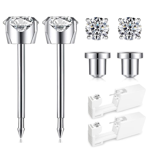 Ear Piercing Kit | Disposable Ear Piercing Gun Kit Made in 316L Surgical Stainless Steel 4Mm - 4Prong Cubic Zirconia | at Home Self Piercing Kit with Earrings Studs