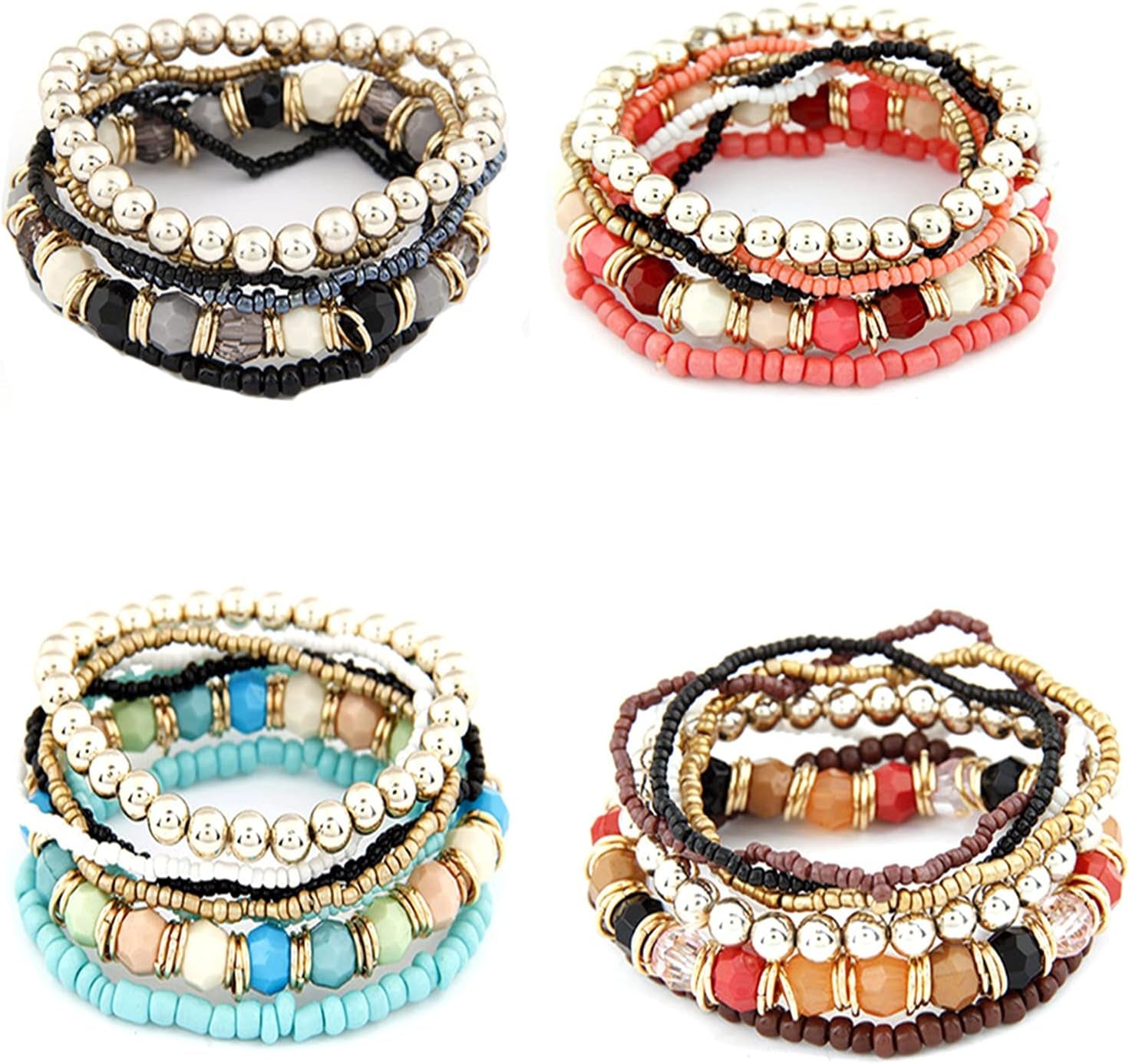 Caiyao Bohemian Stackable Wood Wooden Beads Elephant Charm Tassel Stretchy Bracelet Set for Women Men Multilayered Multicolor Acrylic Resin Seeds Bracelet Ethnic Jewelry Gift