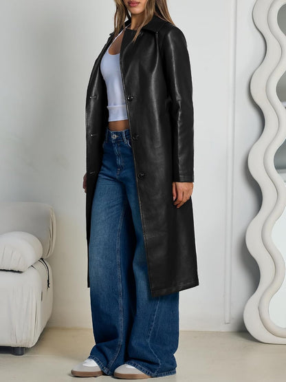 Open front faux leather jacket displaying structured silhouette