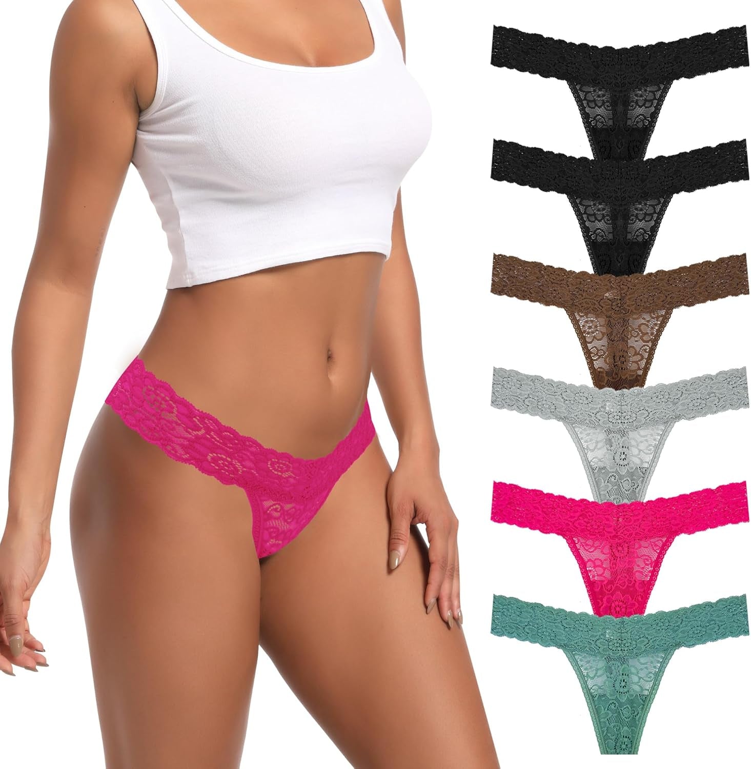 Pack 6 Seamless Lace Thongs for Women plus Size Breathable Panties Low Rise T-Back Stretch Cotton No Show Underwear