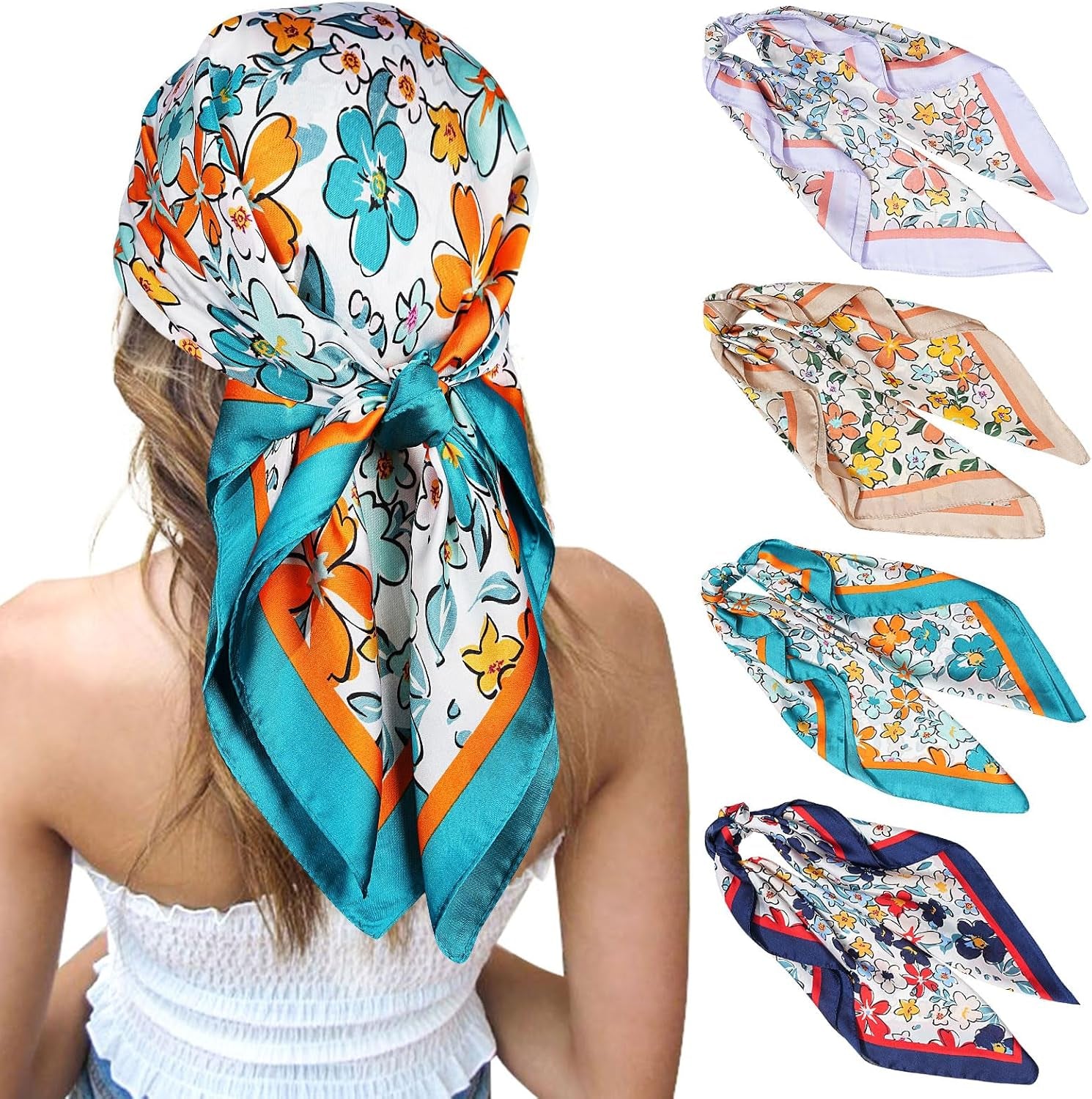 CHLINS 27 Inches Silk Feeling Square Head Scarf - 4 Pcs Satin Square Head Scarves for Women Hair Bandanas
