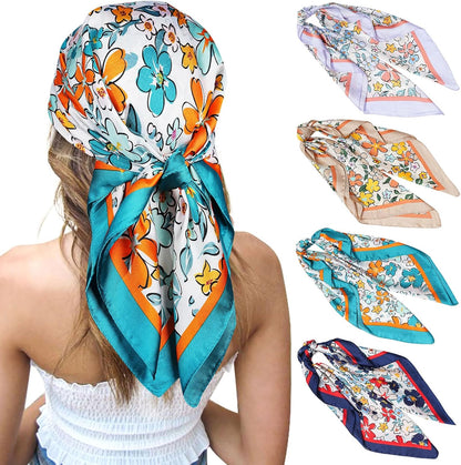 CHLINS 27 Inches Silk Feeling Square Head Scarf - 4 Pcs Satin Square Head Scarves for Women Hair Bandanas