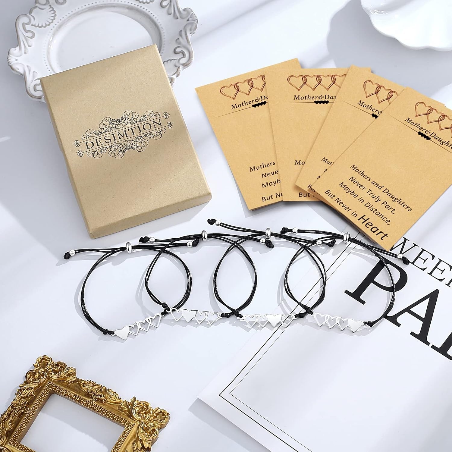 Desimtion Mother Daughter Bracelets Set for 2, 3, 4, 5, 6, Wish Matching Heart Bracelets for Mom and Daughter,Christmas Gifts for Mom Daughters