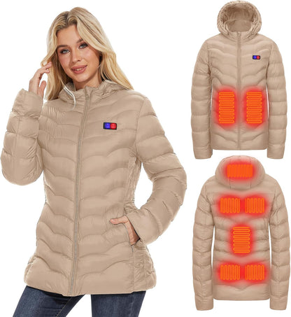 Women's heated jacket back view showing heating zones
