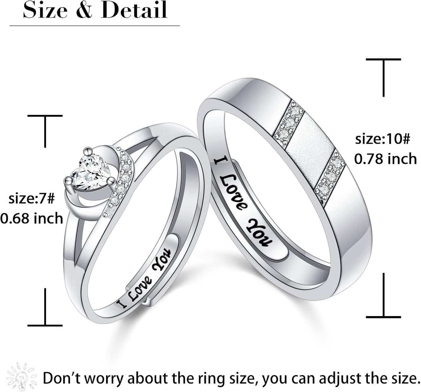 Yearace Couple Rings, 925 Sterling Silver Promise Ring for Couples Romantic Love Couples Jewelry Gifts, Adjustable Engagement Wedding Ring for Him and Her