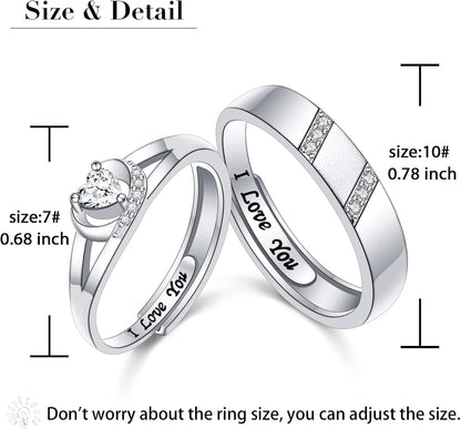 Yearace Couple Rings, 925 Sterling Silver Promise Ring for Couples Romantic Love Couples Jewelry Gifts, Adjustable Engagement Wedding Ring for Him and Her