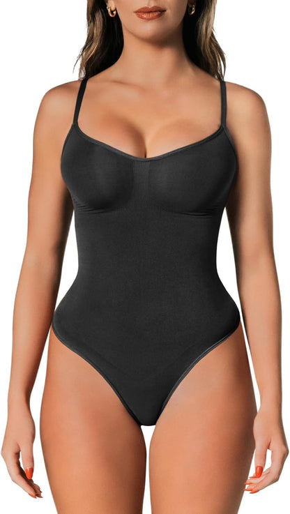 Shapewear bodysuit styled under fitted dress showing smooth silhouette