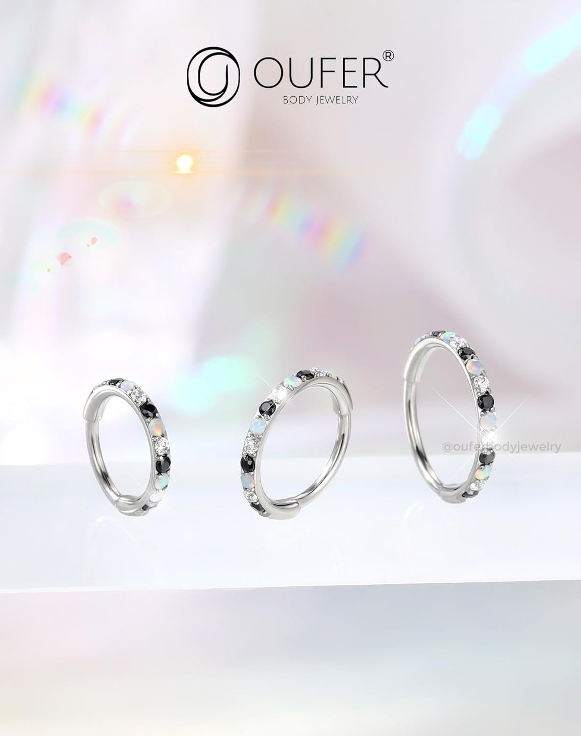 OUFER Opal and CZ 20G Nose Rings Hoops, 316L Surgical Steel Hinged Segment Nose Piercing Jewelry, Septum Lip Eyebrow Rings Cartilage Conch Rook Helix Tragus Daith Earrings for Women and Men-6/7/8Mm