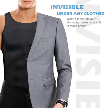 Men's shapewear compression tank top layered under casual clothing demonstrating invisibility