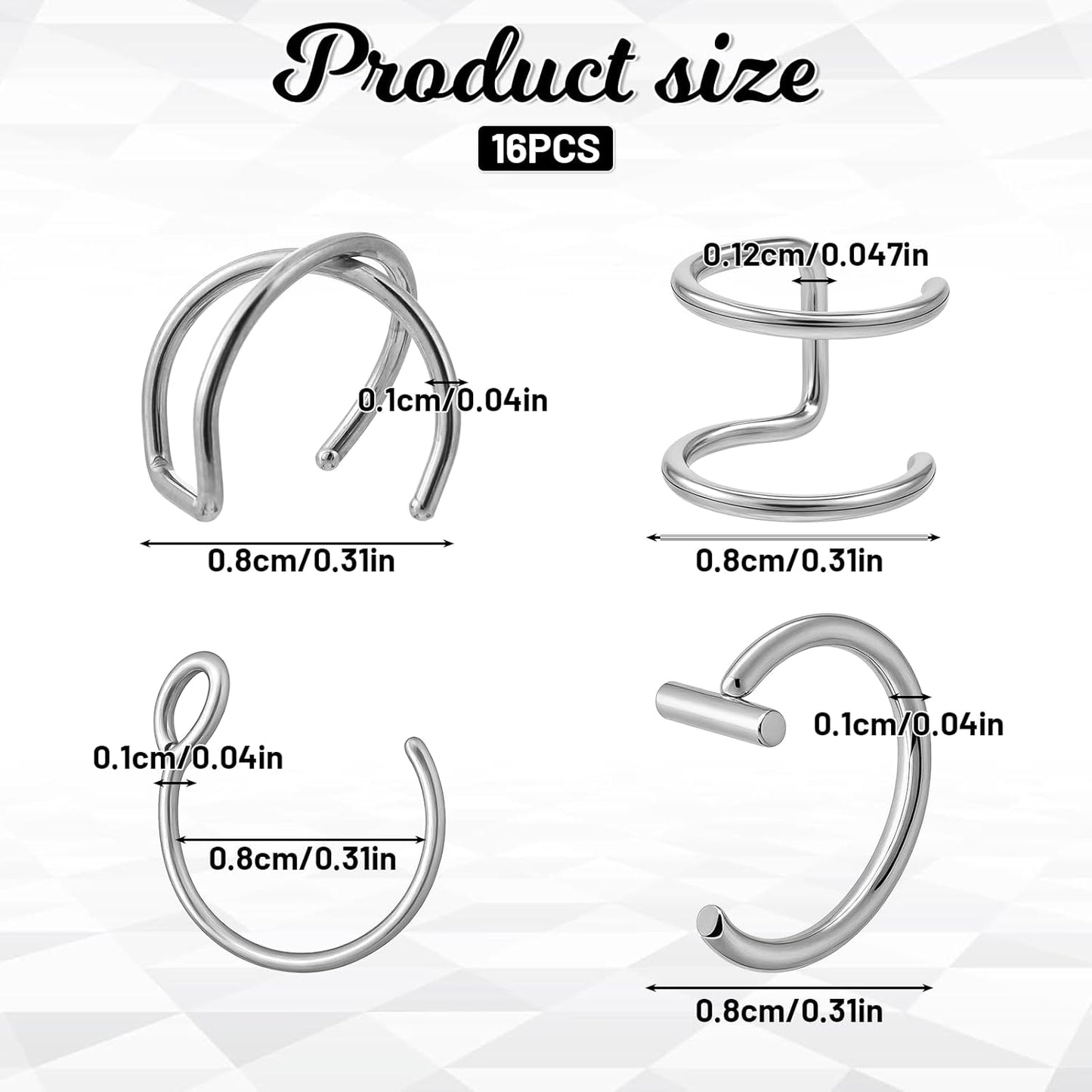 Fake Lip Piercing, 16 Pcs Stainless Steel Fake Lip Ring 8Mm Faux Nose Ring Non Piercing Hoop Nose Rings for Women Men (Silver, Black)