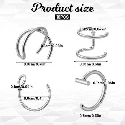 Fake Lip Piercing, 16 Pcs Stainless Steel Fake Lip Ring 8Mm Faux Nose Ring Non Piercing Hoop Nose Rings for Women Men (Silver, Black)