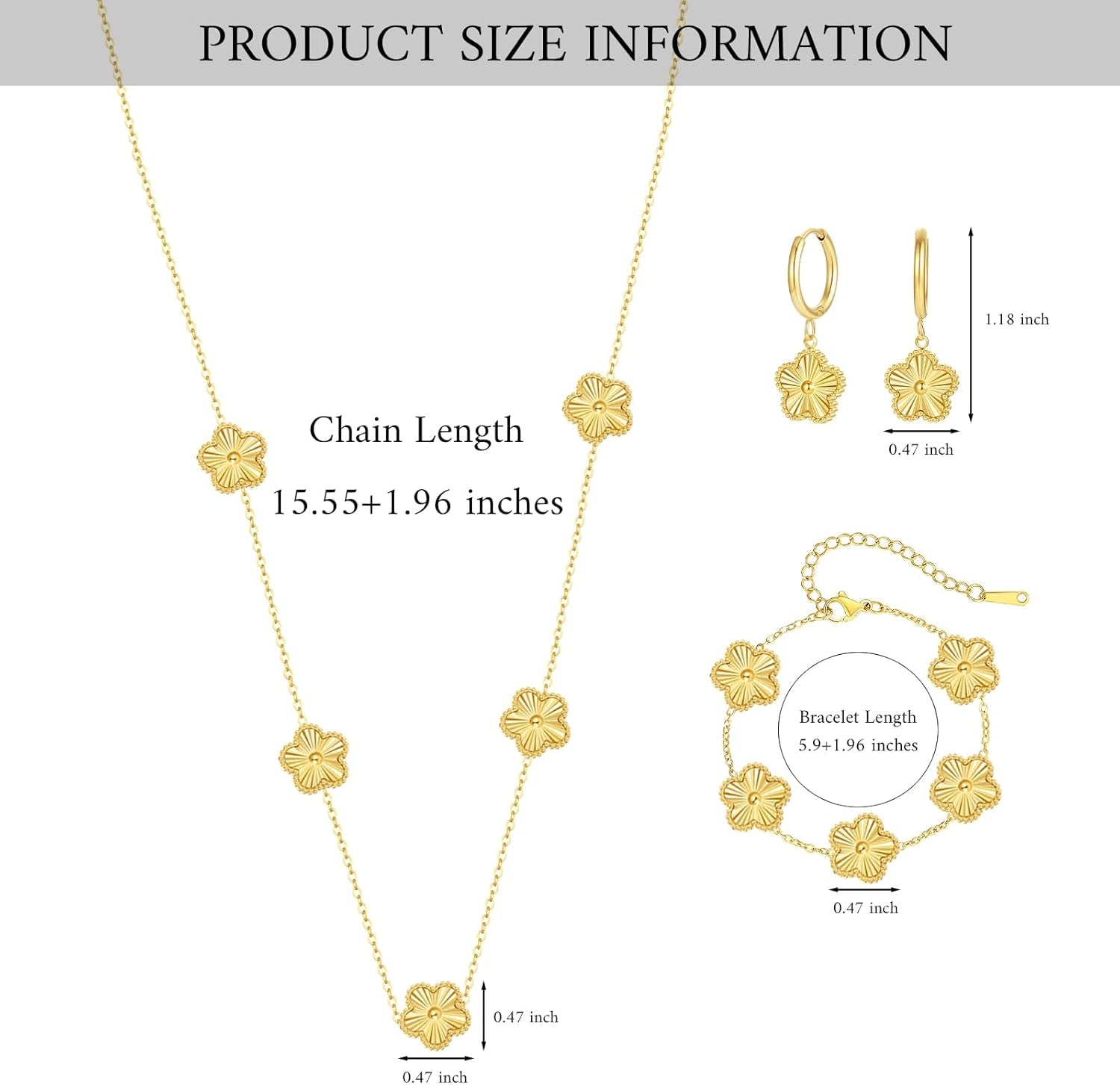 Clover Jewelry Set with Flower Design Four Leaf Clover Necklace for Women Lucky Clover Bracelet Earrings for Wife 3Pcs Floral Style Clover Jewelry Gift (Gold)