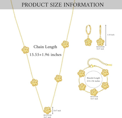 Clover Jewelry Set with Flower Design Four Leaf Clover Necklace for Women Lucky Clover Bracelet Earrings for Wife 3Pcs Floral Style Clover Jewelry Gift (Gold)