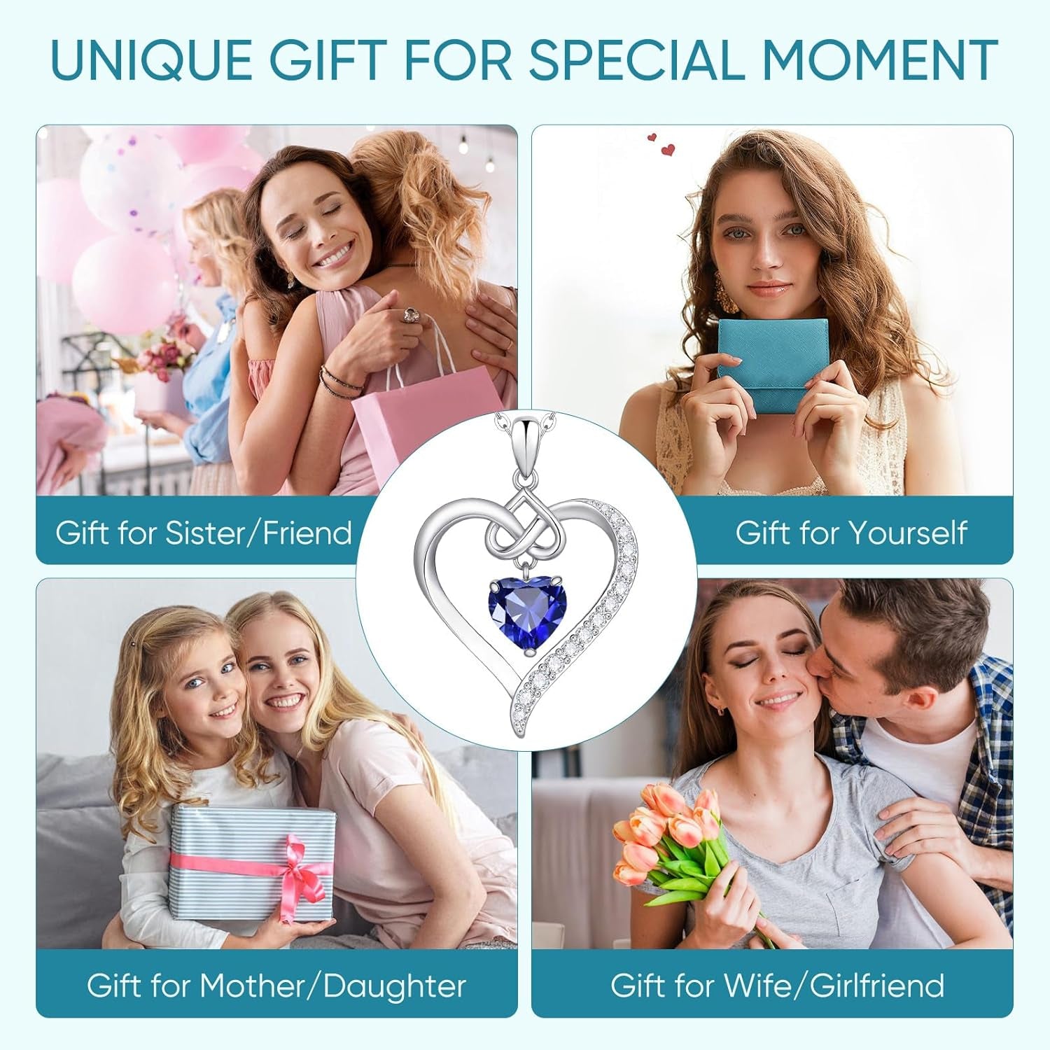 Heart Birthstone Pendant Necklaces for Women - Dainty 925 Sterling Silver Necklace 12 Month Birthstone Jewelry Birthday Anniversary Christmas Jewelry Gifts for Girlfriend Mom Daughter Lady Her