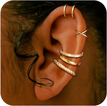 5 Pcs Thin Chunky Ear Cuff Earrings for Women 14K Gold Plated Brass Ear Cuffs Non Piercing Trendy Clip on Cartilage Earrings Cubic Zirconia Fake Piercings Earrings Jewelry