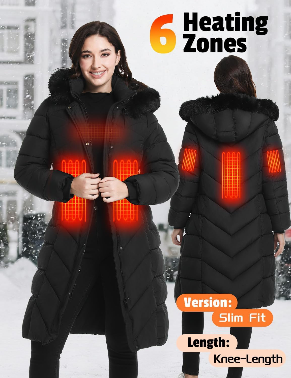 Model wearing electric heated coat with 16000mAh battery displayed