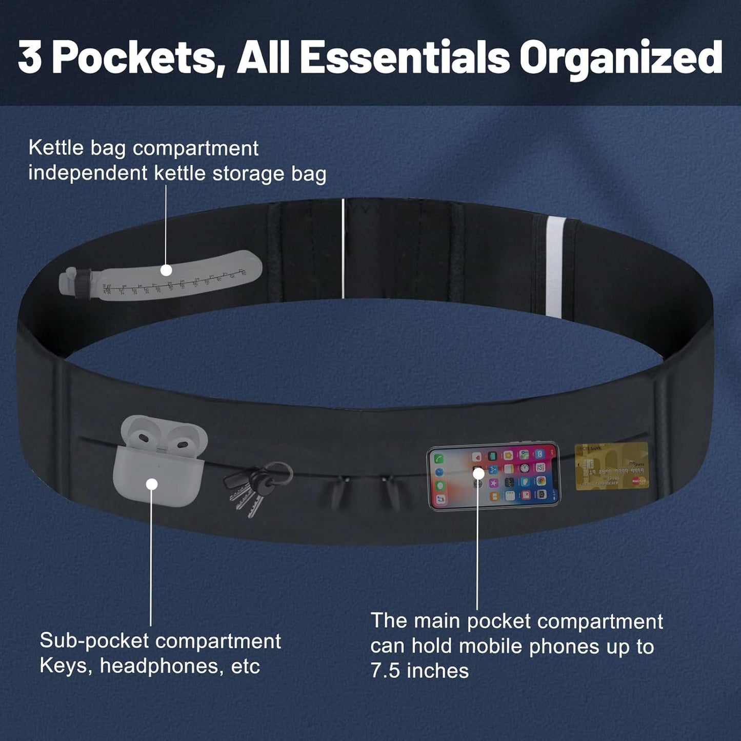 Black running belt with 300ml ergonomic water bottle included