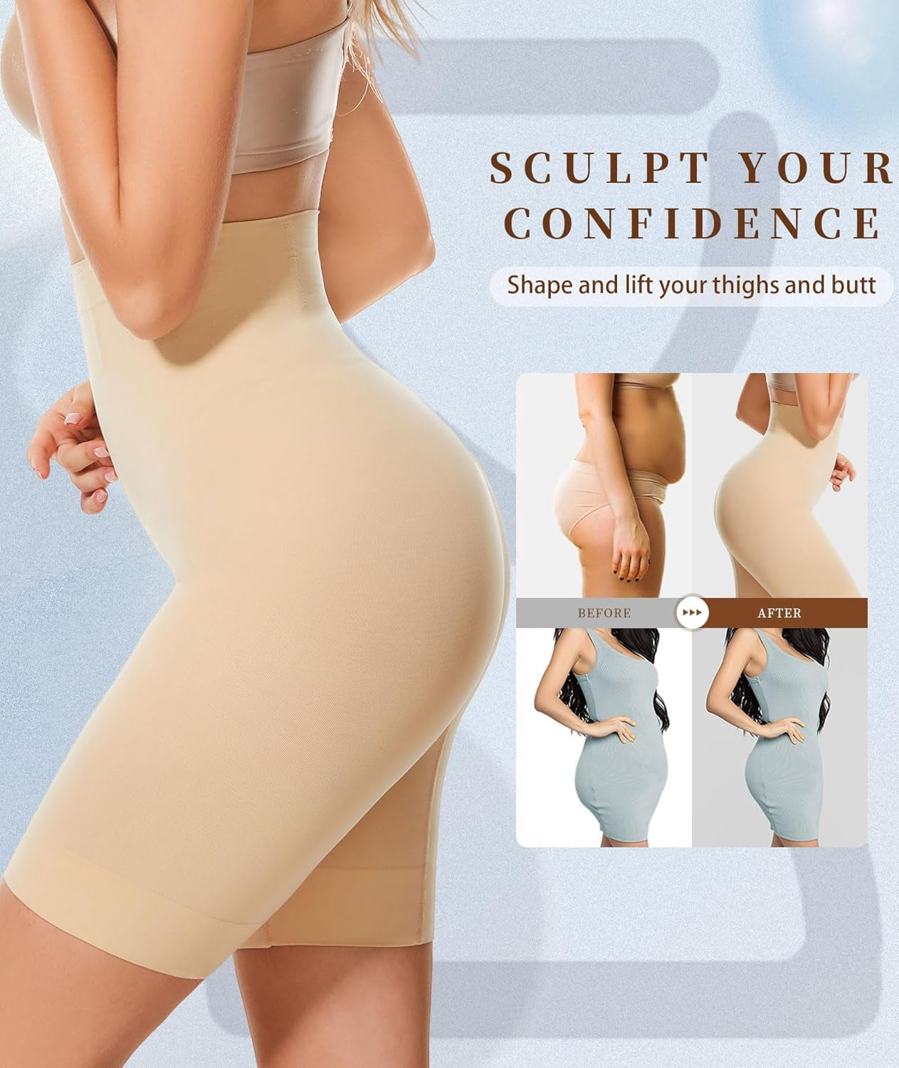 Woman wearing Sellto girdle shorts under fitted dress for smooth silhouette