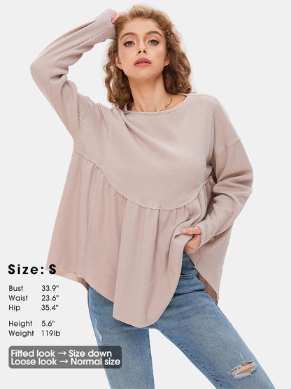 EXLURA Waffle Knit Long Sleeve Shirts for Womens Crewneck Loose Babydoll Tunic Tops Maternity Tops Fall Fashion 2025 Clothes