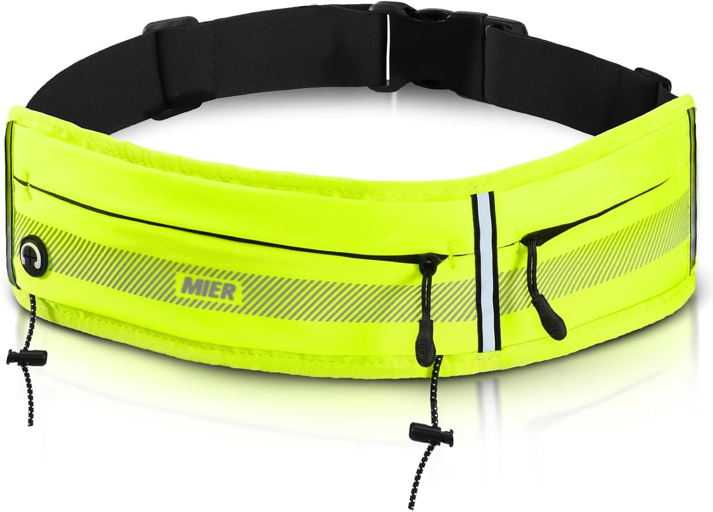 Neon yellow MIER running belt with phone holder worn by female jogger