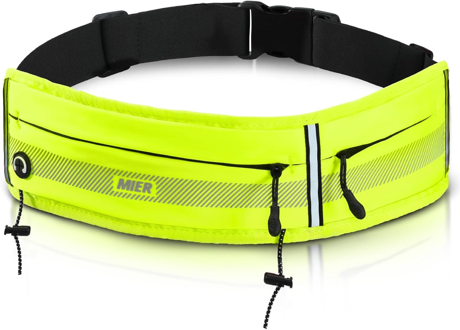 Neon yellow MIER running belt with phone holder worn by female jogger