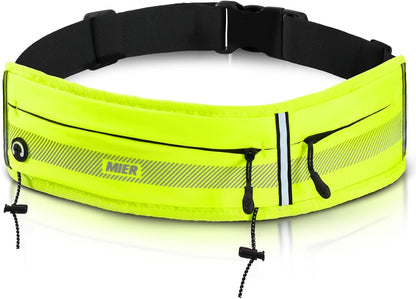 Neon yellow MIER running belt with phone holder worn by female jogger