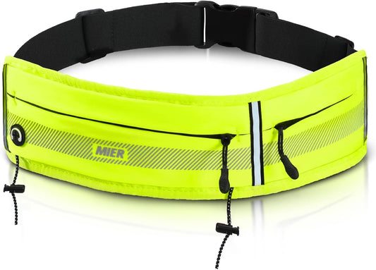 Neon yellow MIER running belt with phone holder worn by female jogger
