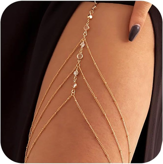 MODRSA Silver and Gold Thigh Chain Jewelry - Sexy Rhinestone Leg Jewelry for Women